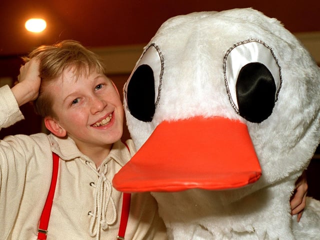 This is Jordan Spurr who was starring in the Yeadon Charities production of Mother Goose at Yeadon Town Hall in January 1996. He is pictured taking a break from his goose outfit.