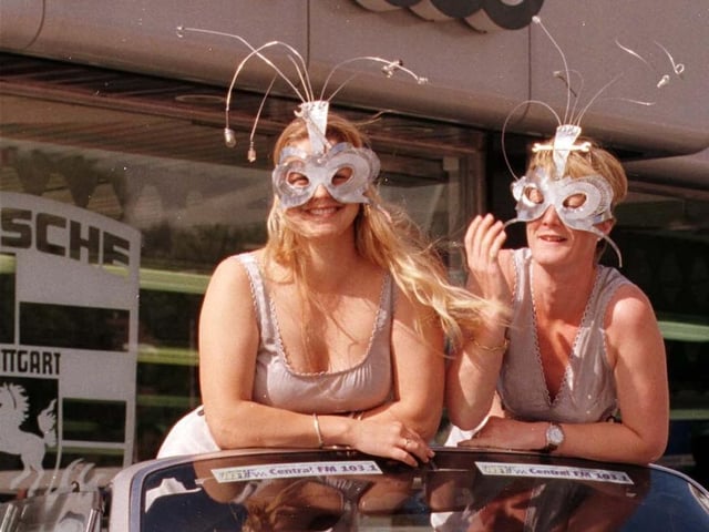 Thelma and Louise. Well, Tanya Buchanan, left and sister Gail Nechel pictured at the Yeadon branch of JCT600 who have sponsored the two ladies to take part in the Extremely Trivial Persute to Monte Carlo in July 1998. The duo were raising raise funds for the Chemical Dependancy Centre.