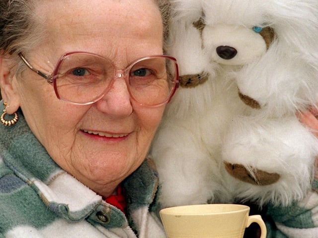 Yeadon Town Hall held a 'Golden Oldies' spring fayre in April 1986. Pictured is Elsie Briggs.