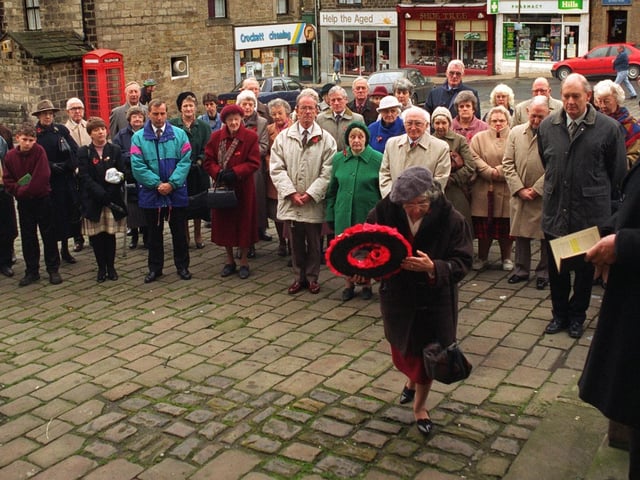 Coun Moira Dunn lays a wreath at Yeadon Town Hall on Rememberance Sunday in November 1996.
