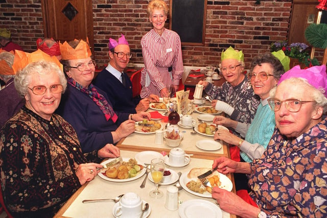 Some of the 25 lucky pensioners who applied for free Christmas lunches at Murgatroyd's fish and chip restaurant in November 1996.