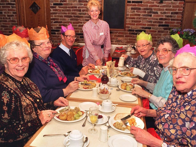 Some of the 25 lucky pensioners who applied for free Christmas lunches at Murgatroyd's fish and chip restaurant in November 1996.