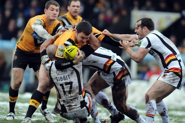 Brett Ferres in the thick of the action in the Bradford Bulls game.