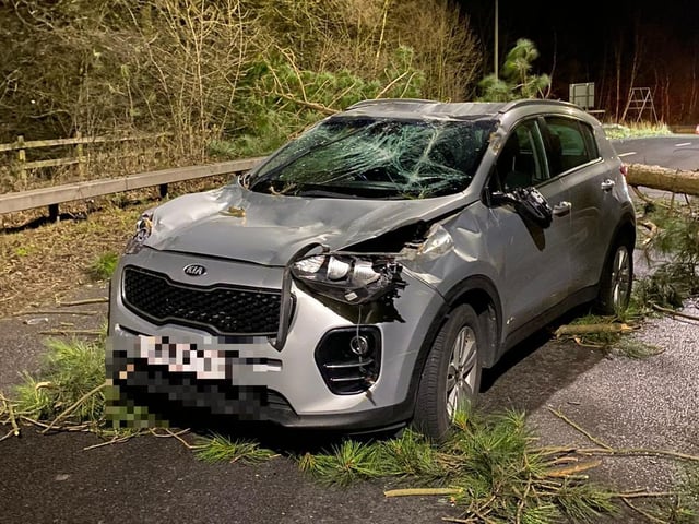 The driver of this car was thankfully not seriously injured after a tree fell on top of the car, smashing the windscreen and the front.
