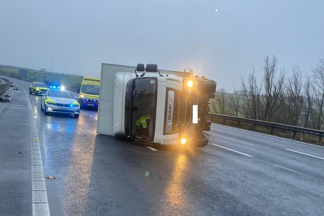 The storm caused two lorries to overturn on the M1 between Morley and Wakefield.