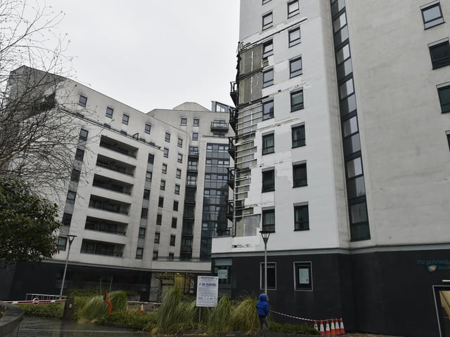 The strong gales of Storm Eunice have caused chaos in Leeds, including blowing the cladding off an apartment building near Clarence Dock.