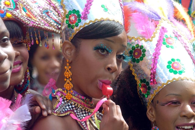 Leeds West Indian Carnival, pictured (centre) is Lyeisha Williams, with some of her fellow dancers (Date: 30 August 2010).