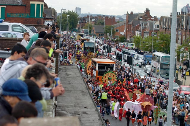 Leeds West Indian Carnival, pictured are carnival dancers making their way along Roundhay Road, Harehills (Date: 30 August 2010).