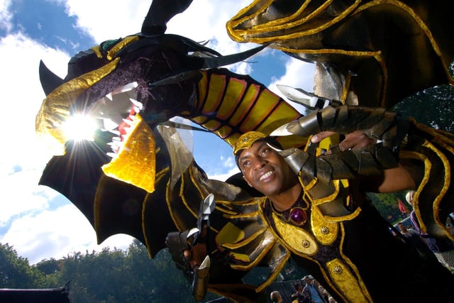 Leeds West Indian Carnival, pictured is the dragon dancer Hughbon Condor in action (Date: 30 August 2010).
