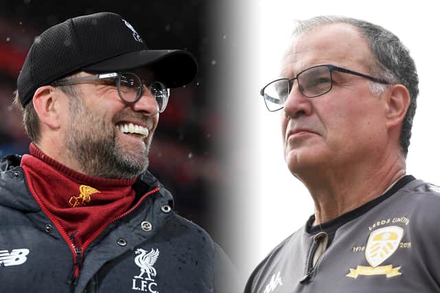 HEAD TO HEAD: Liverpool manager Jurgen Klopp, left, and Leeds boss Marcelo Bielsa, right. Picture: Getty Images.