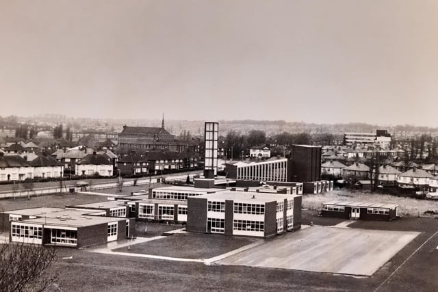 A shot from above which shows the St Nicholas Campus at Oakwood Lane, Gipton in November 1975.