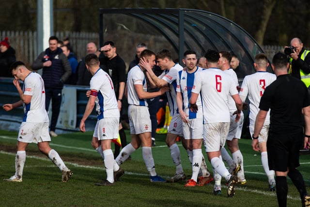 Liversedge players celebrate one of Lewis Whitham's goals against Cleethorpes Town. Picture: Bruce Fitzgerald