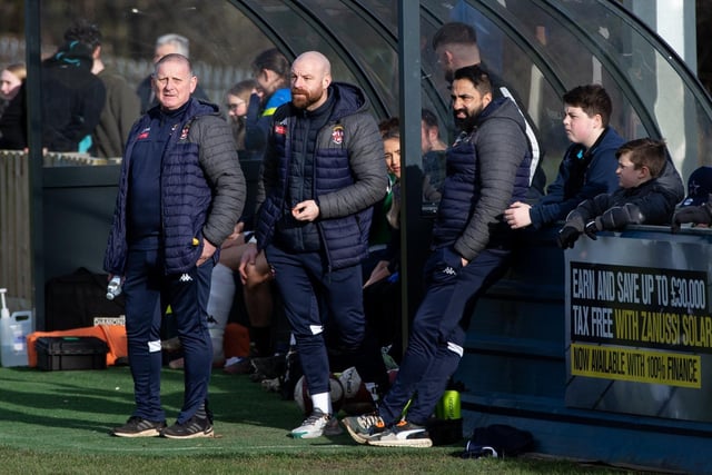 The Liversedge management team watch on as their side win 5-0 against Cleethorpes Town. Picture: Bruce Fitzgerald