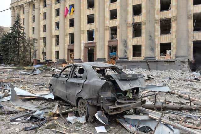 This general view shows the damaged local city hall of Kharkiv on March 1. Photo: Getty Images