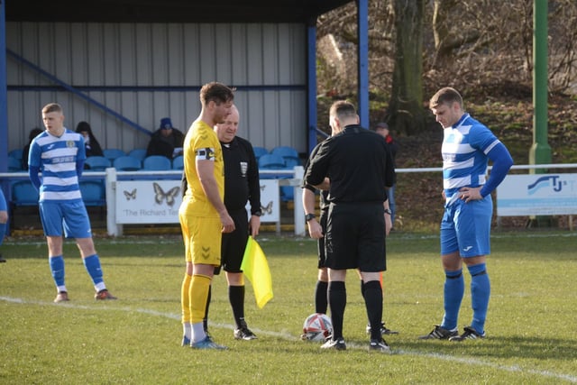 Glasshoughton Welfare captain Adam Walsh watches on at the coin toss before the game with Hallam. Picture: Rob Hare