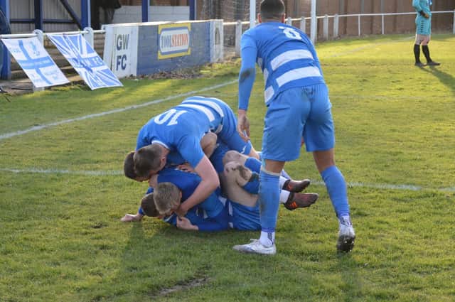Glasshoughton Welfare players celebrate Jack Appleyard's goal against Toolstation NCE Division One leaders Hallam. Picture: Rob Hare