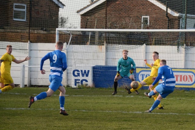 James Cusworth gets a shot in for Glasshoughton Welfare. Picture: Rob Hare