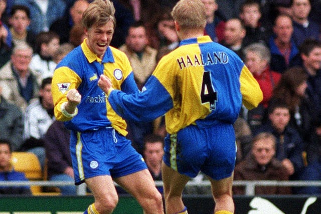 All smiles as Gunnar Halle celebrates scoring Leeds United's second goal with Alf-Inge Håland.
