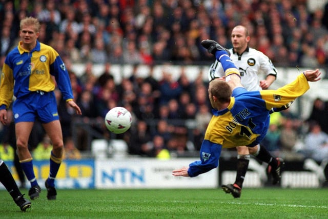 Lee Bowyer tries a spectacular shot at the Derby goal.