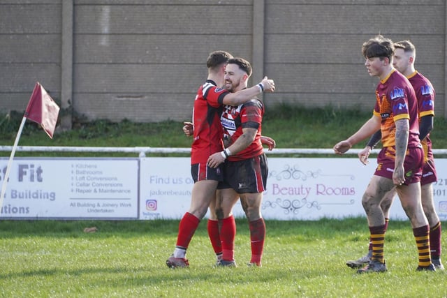 Celebrations begin after a Normanton Knights try, scored by Jake Crossland. Picture: Scott Merrylees