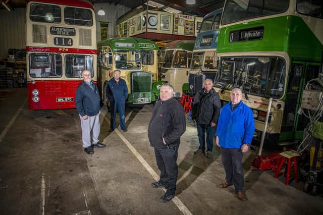 Volunteers Mick Bennett, Mark Byard  Andy Beever, Bill Oldroyd and Colin Poole at Dewsbury Bus Museum in Ravensthorpe. Pictures by Tony Johnson