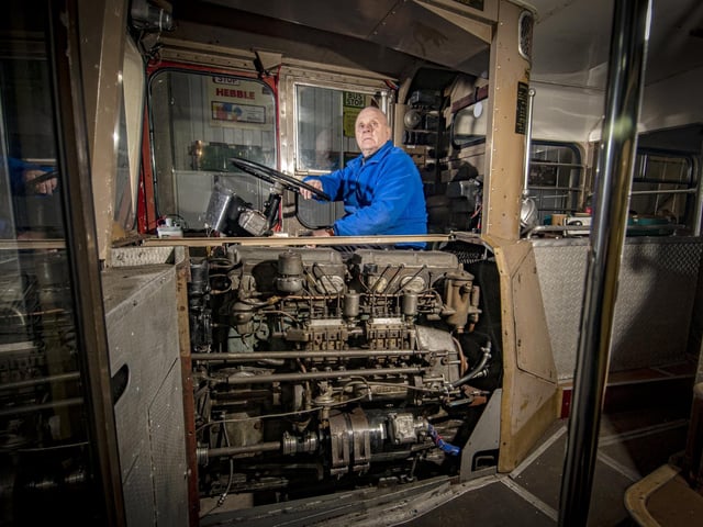 Bill Oldroyd at the Dewsbury Bus Museum in Ravensthorpe aboard a 1963 Guy Wulfrunian with its unusual configuration of the engine mounted by the drive