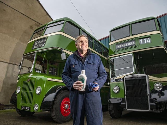 Volunteer Mark Byard with his 1957 Guy Arab IV double decker, left