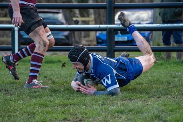 Lucas Ketteridge dives over to score in the corner for Pontefract against Old Rishworthians. Picture: Jonathan Buck