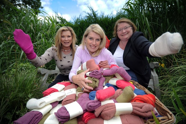 Journalist Selena Scott (centre) promotes her unique Goat Socks with Claire King and Rosemary Shrager at Harlow Carr Gardens, Harrogate .17th September 2012 Picture by Simon Hulme