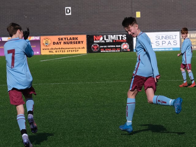 Cayton Under-13s celebrate a goal against Scalby Under-13s in the Scarborough & District Minor League