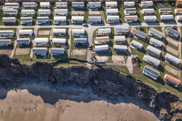 Longbeach Leisure Park, Hornsea - photographed by drone from the air - are panicked knowing that the coast is eroding at a rate of 2.3m per year, according to the local council. Photo SWNS