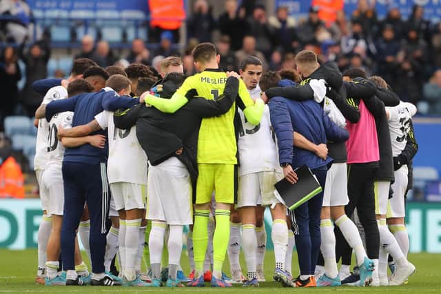 MESSAGE: New Whites boss Jesse Marsch gathered his players for a post-match huddle following defeat at Leicester City, above, highlighting the positives ahead of Thursday's clash against Aston Villa at Elland Road. Photo by GEOFF CADDICK/AFP via Getty Images.