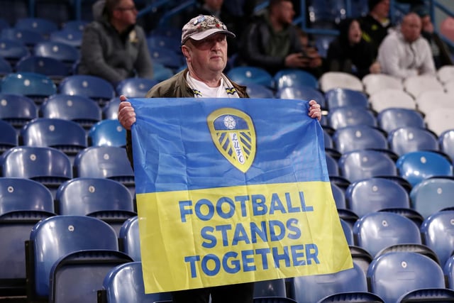 A Leeds United fan shows solidarity with Ukraine.