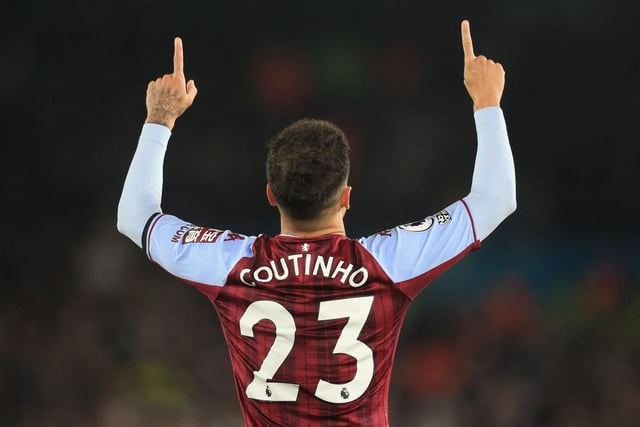 Philippe Coutinho celebrates scoring Aston Villa's first goal.