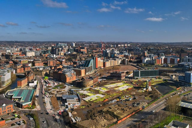 A panoramic view of the whole Aire Park site, which takes in much of the former Tetley's Brewery.