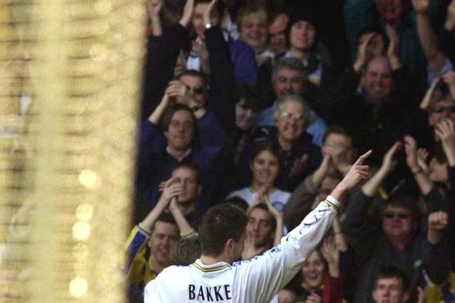 Eirik Bakke celebrates after scoring his second and Leeds United's third goal of the game.