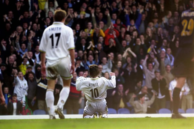 Harry Kewell celebrates after bagging Leeds United's fourth goal.