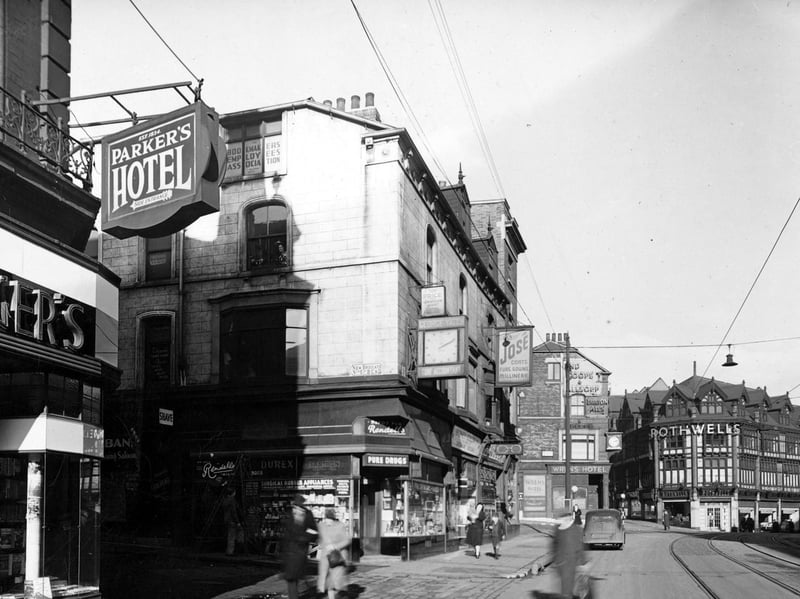 New Briggate, Leeds, in February 1944. The half-timbered shops on the right were built in 1901 and demolished in 1967 for the construction of the Inner Ring Road.