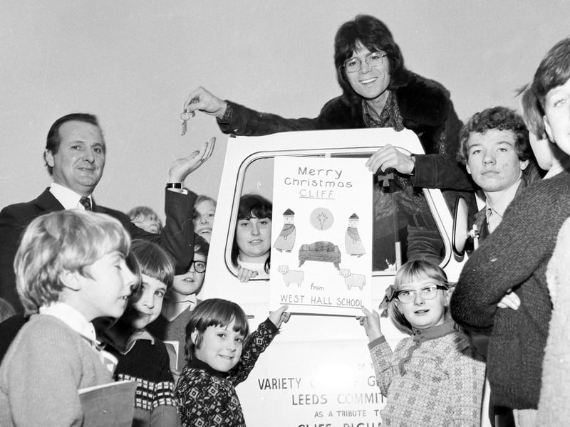 Cliff Richard visits West Hall School, in Stanley, in December 1972 to hand over a Variety Club of Great Britain sunshine coach. It was presented to the school by the club's Leeds committee.
