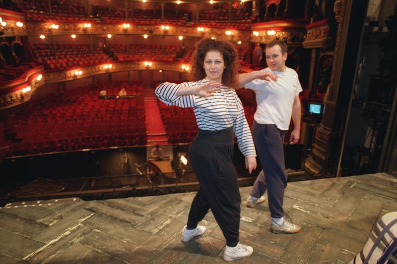 Opera North singers Annabel Arden and Jamie MacDougal keep fit during rehearsals at the Leeds Grand Theatre.