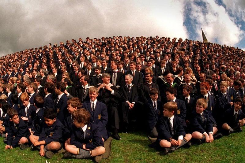 Pupils and staff at Leeds Boys Grammar School, all 1,400 of them, line up for the last school photograph before a move to its new premises at Alwoodley Gates.