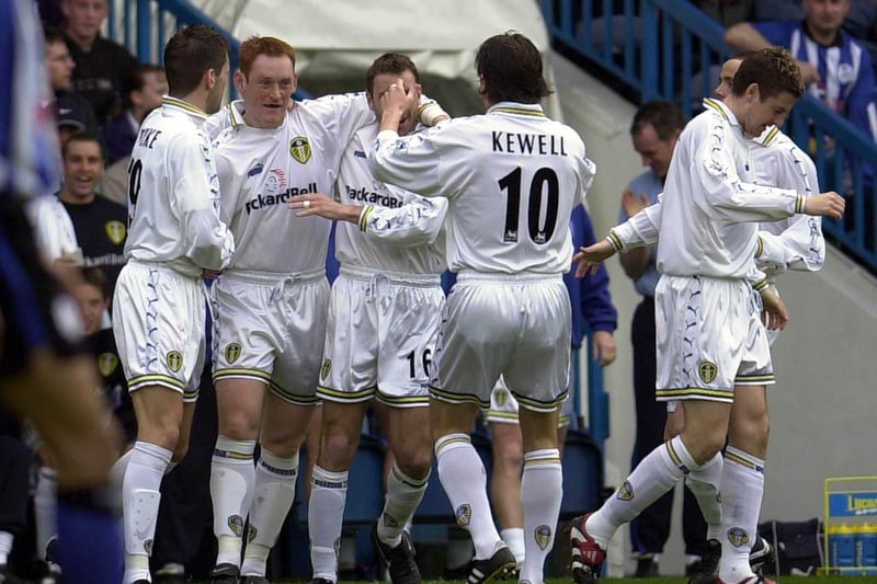 David Hopkin celebrates with his teammates after putting the Whites ahead.