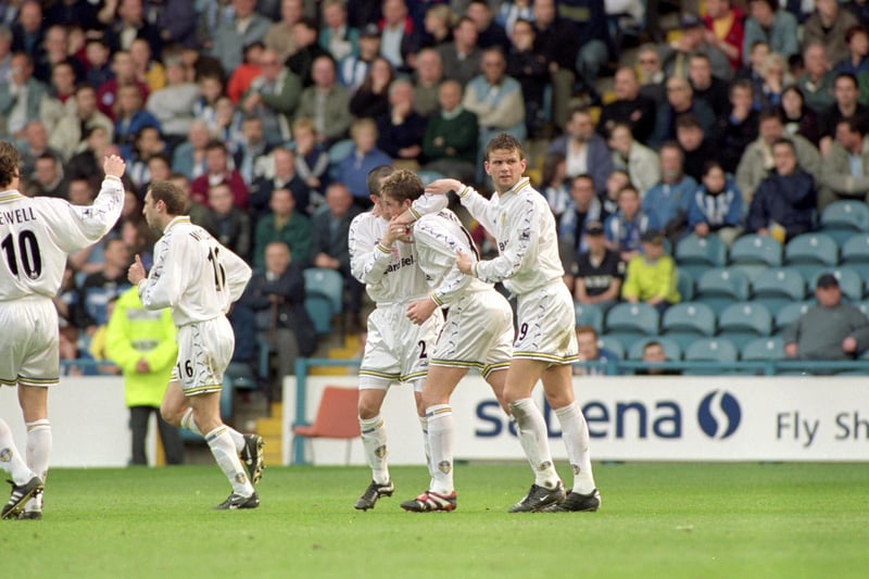 Michael Bridges celebrates scoring Leeds United's second goal after 53 minutes.