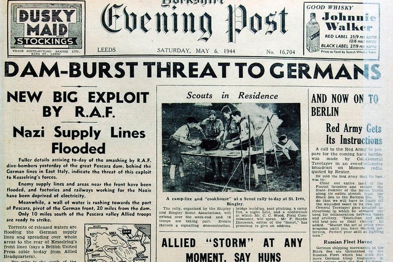 This front page rewinds to May 6, 1944 with the headline 'Dam-burst threat to Germans'