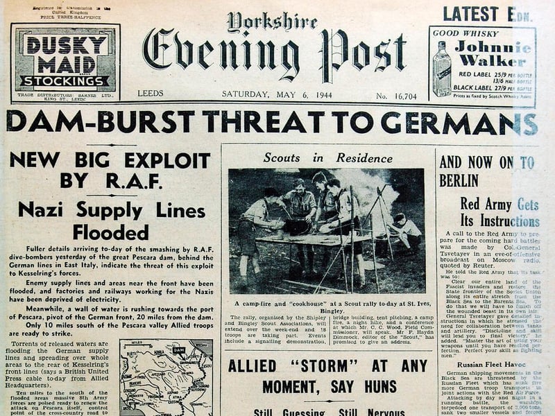 This front page rewinds to May 6, 1944 with the headline 'Dam-burst threat to Germans'