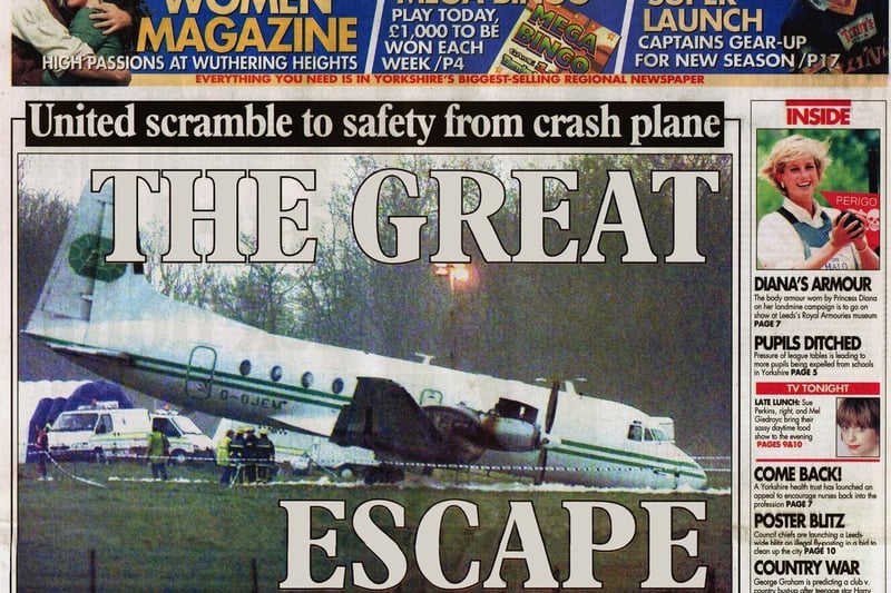 Leeds United plane crash front page, Stansted airport. March 1998.