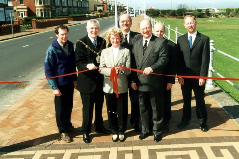 Ribbon cutting ceremony to open pavement improvements along The Esplanade in Fleetwood, 2001. From left: Michael Moran (contractor), Mayor of Wyre Councillor Jim Lawrenson, Doreen Lofthouse, Tony Lofthouse, Duncan Lofthouse, Mike Doran (scheme engineer) and David Carpenter (environmental planner from Wyre Council).