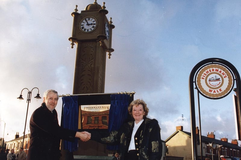 The opening of Fleetwood Fishermen's Walk in 1994. Mrs Lofthouse and Brian Rowe of Wyre Council performed the honours