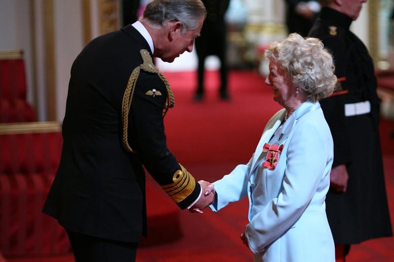 Mrs Lofthouse is made an OBE by the Prince of Wales at Buckingham Palace on July 3, 2008. Photo: Martin Keene / PA Wire.
