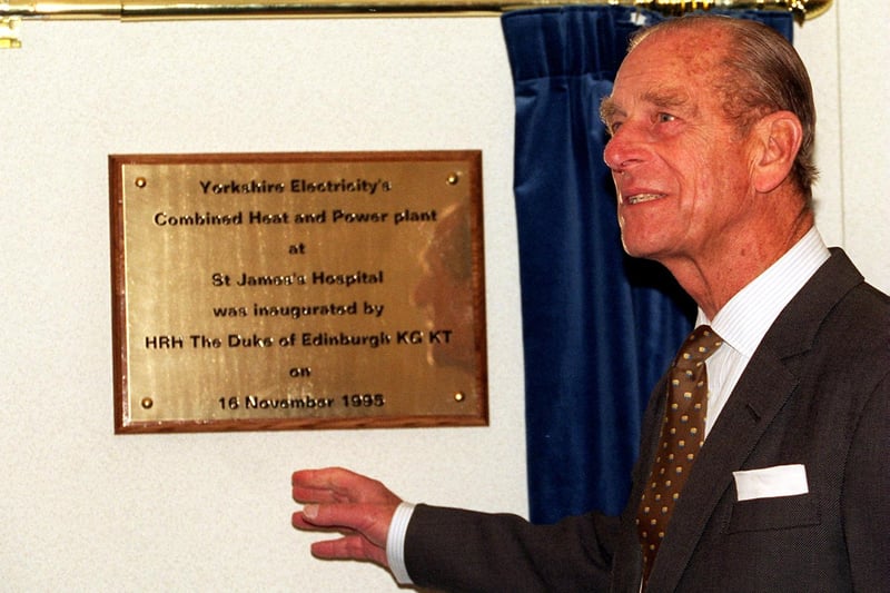 Prince Philip, Duke of Edinburgh, unveils a plaque during his visit to St James 's Hospital in November 1995.